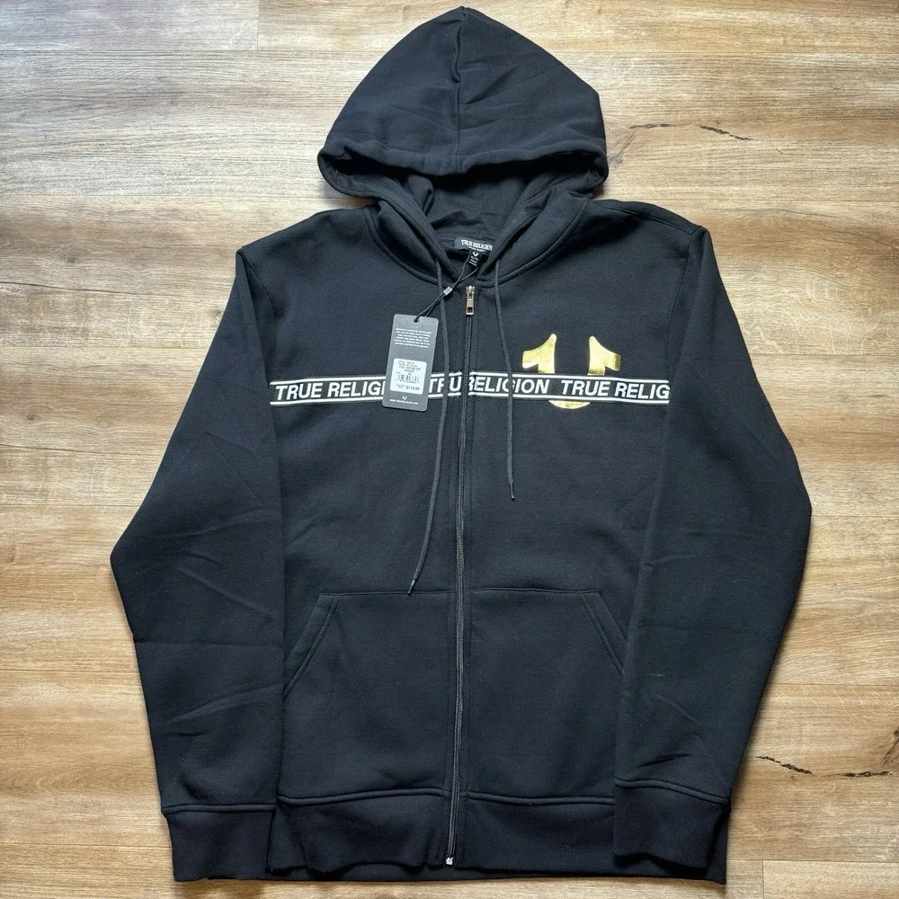 True Religion Full Zip Hoodie Mens XL Jet Black Foil Taping Gold Logo 700315 New